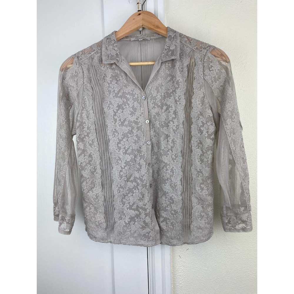 Armand Ventilo Women's Size 36 Gray Sheer Mesh Lace Embroidered Button Up Shirt